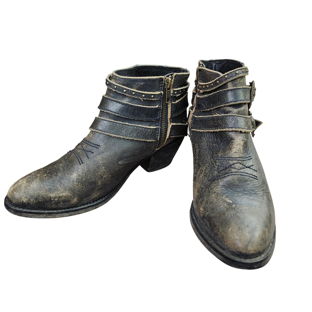 Corral Womens Distressed Leather‎ Harness Buckle Studded Ankle Boots Black 9